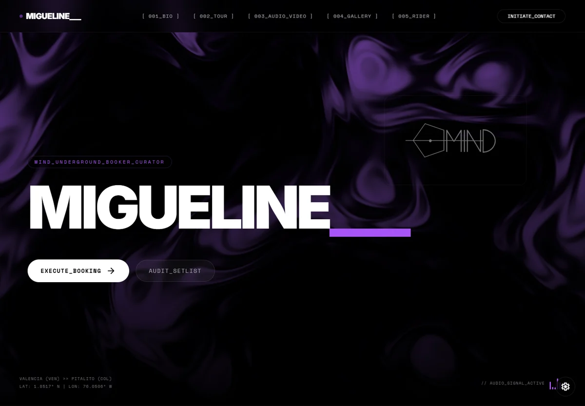 Presskit de Migueline con dirección visual oscura y violeta