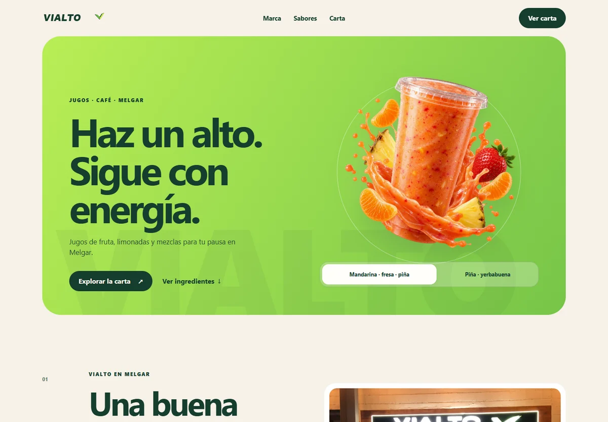 Concepto de carta digital para VIALTO, con frutas y bebidas